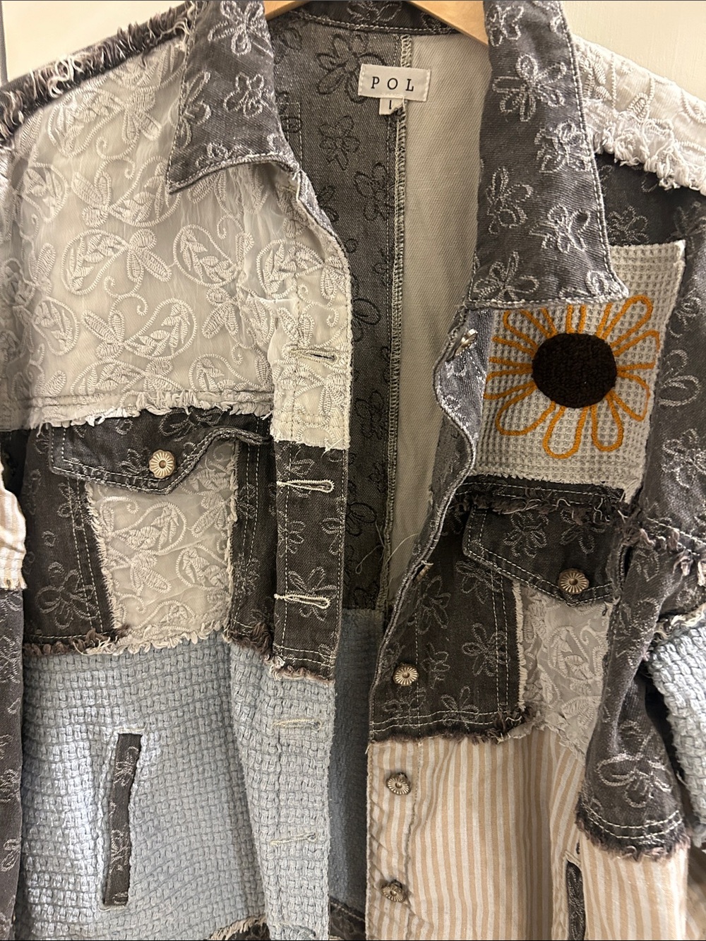 POL Patchwork Kids Jean Jacket in Gray, Cream & Light Blue with Sunflower Patch